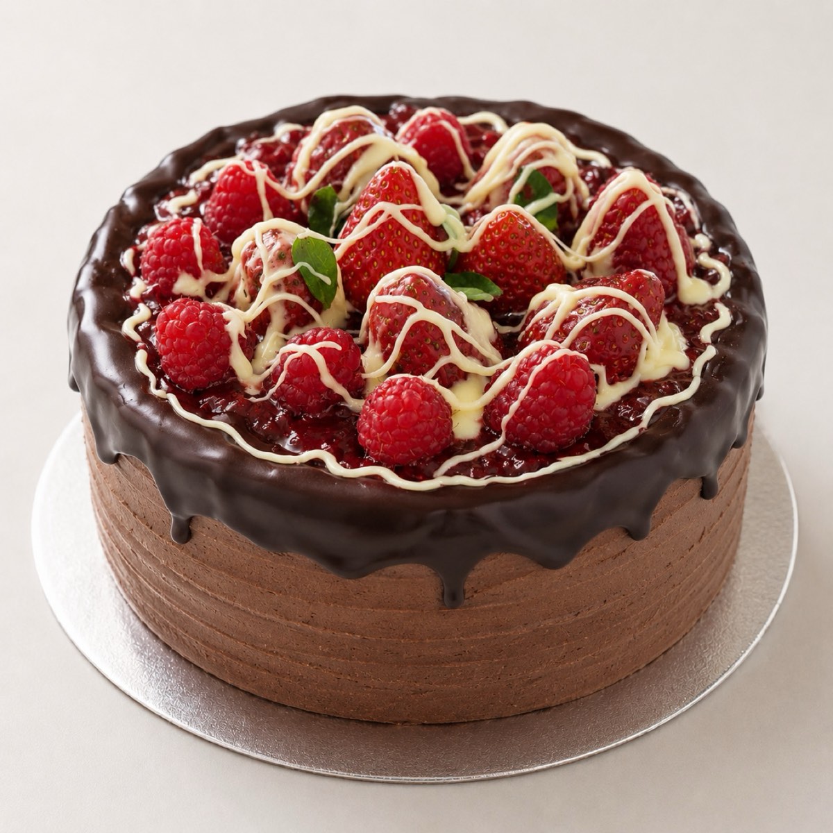 Choc Berry cake with chocolate ganache, fresh raspberries and strawberries