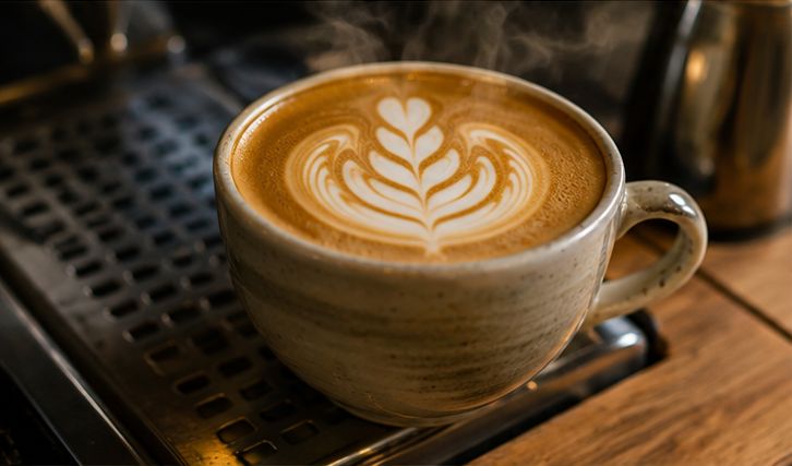 A hot flat white with latte art in a ceramic cup on the espresso machine
