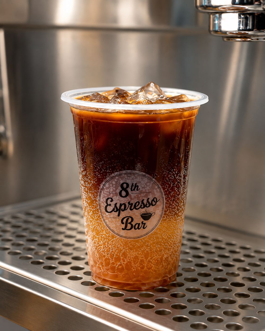 An iced long black in an 8th Espresso Bar cup resting on the espresso machine drip tray