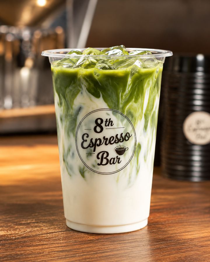 Iced matcha latte swirled through milk in an 8th Espresso Bar cup on a timber bench
