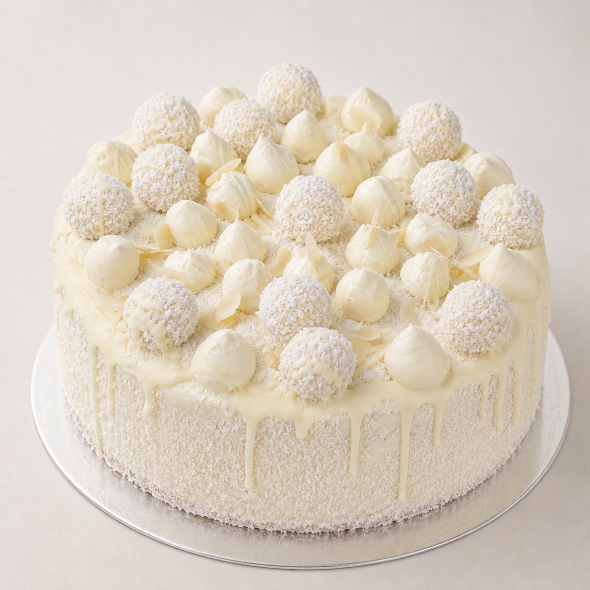 Raffaello Delight, a white coconut cake covered in coconut truffles