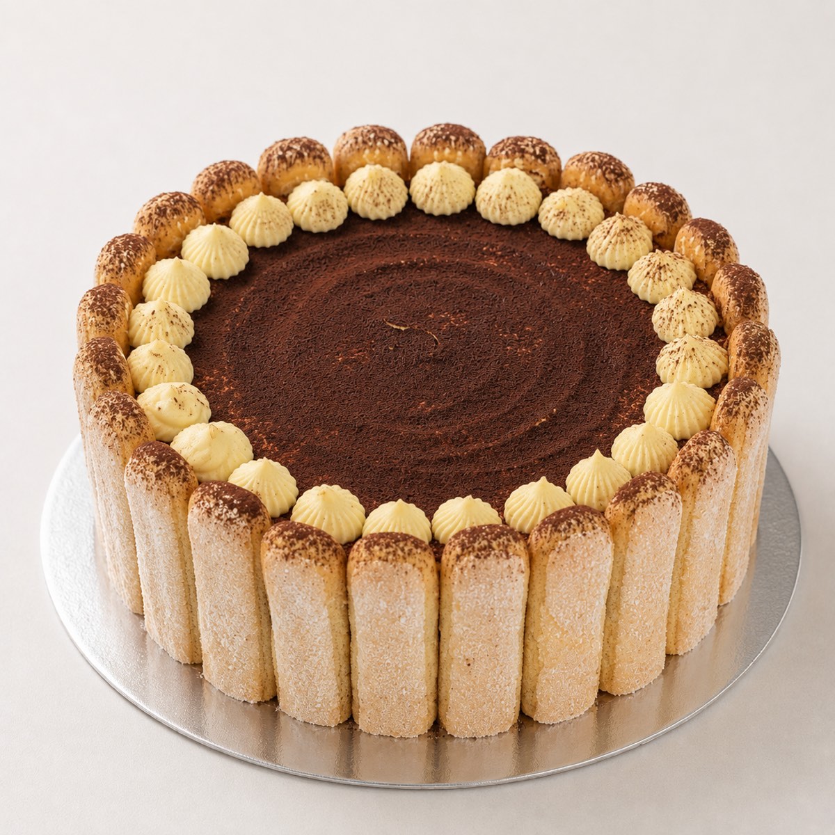 Tiramisu cake ringed with ladyfingers and dusted with cocoa
